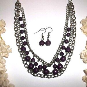 Purple and Silver Necklace Earrings Set Lot Layered Beaded Chain Dangle C775